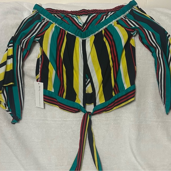 Truth NYC Top, Off Shoulder, Striped Blouse, Long Sleeve, Tie Waist - Size S - Picture 4 of 6